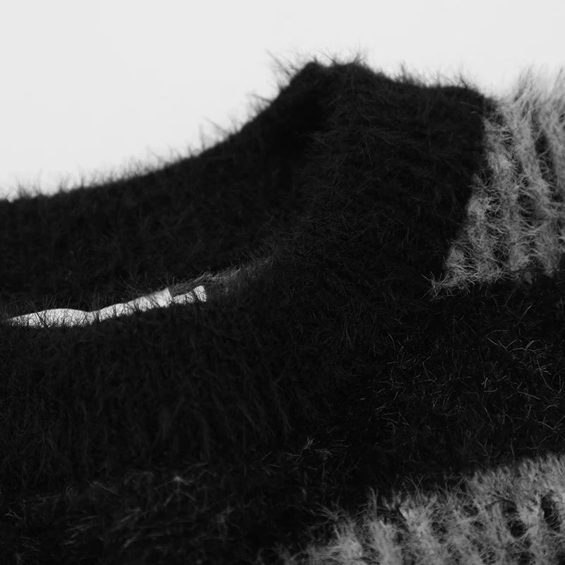 Zebra Striped Patchwork Knitted Sweater, Men’s Hip Hop Harajuku Pullover