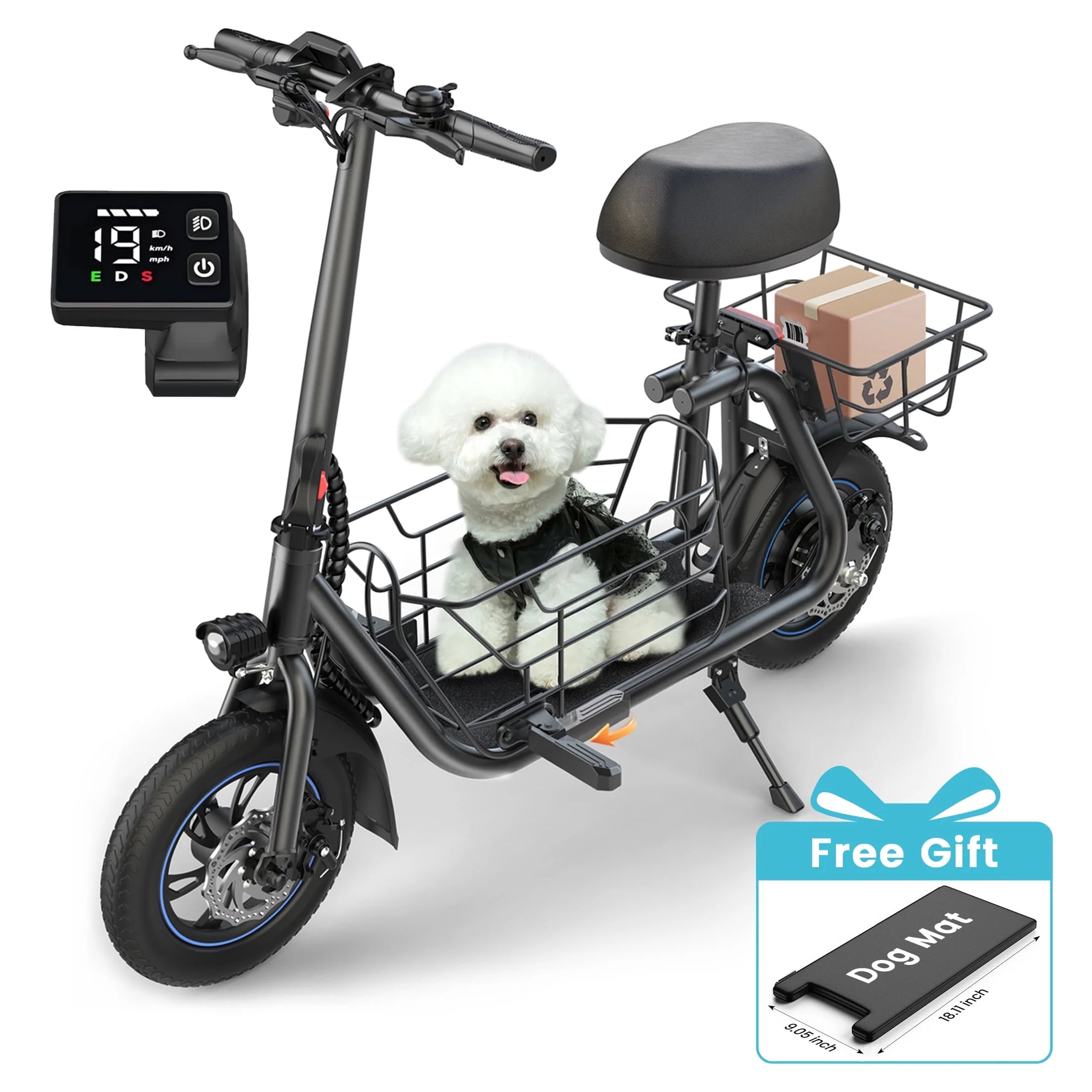 19MPH Foldable 550W Electric Scooter with Seat for Adult, 12 Inch Commuter E Scooter for Pets with Front & Back Basket & Dog Mat, Bigger Seat - up to 21 Miles