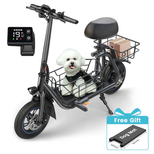 19MPH Foldable 550W Electric Scooter with Seat for Adult, 12 Inch Commuter E Scooter for Pets with Front & Back Basket & Dog Mat, Bigger Seat - up to 21 Miles