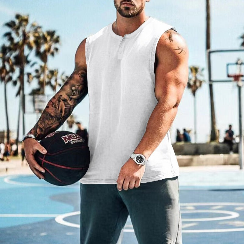 Men’s Summer Basketball Tank Top, Sleeveless Round Neck Button‑Up Sportswear