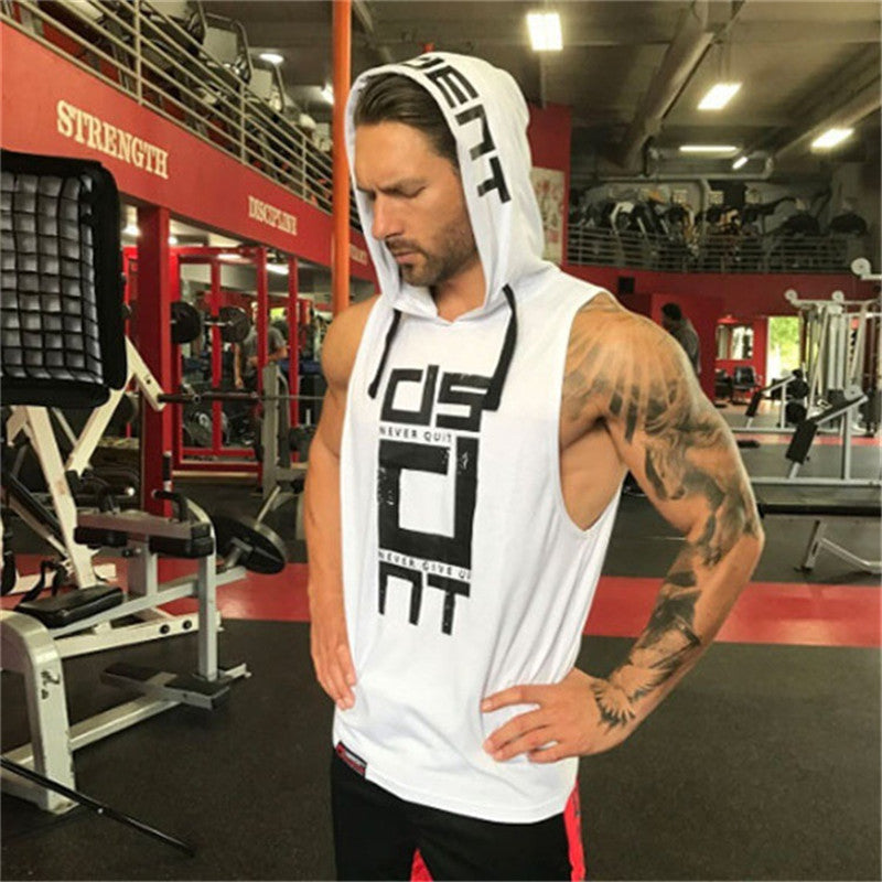Men’s Cotton Tank Top Hoodie, Fitness Bodybuilding Workout Tee, Muscle Activewear