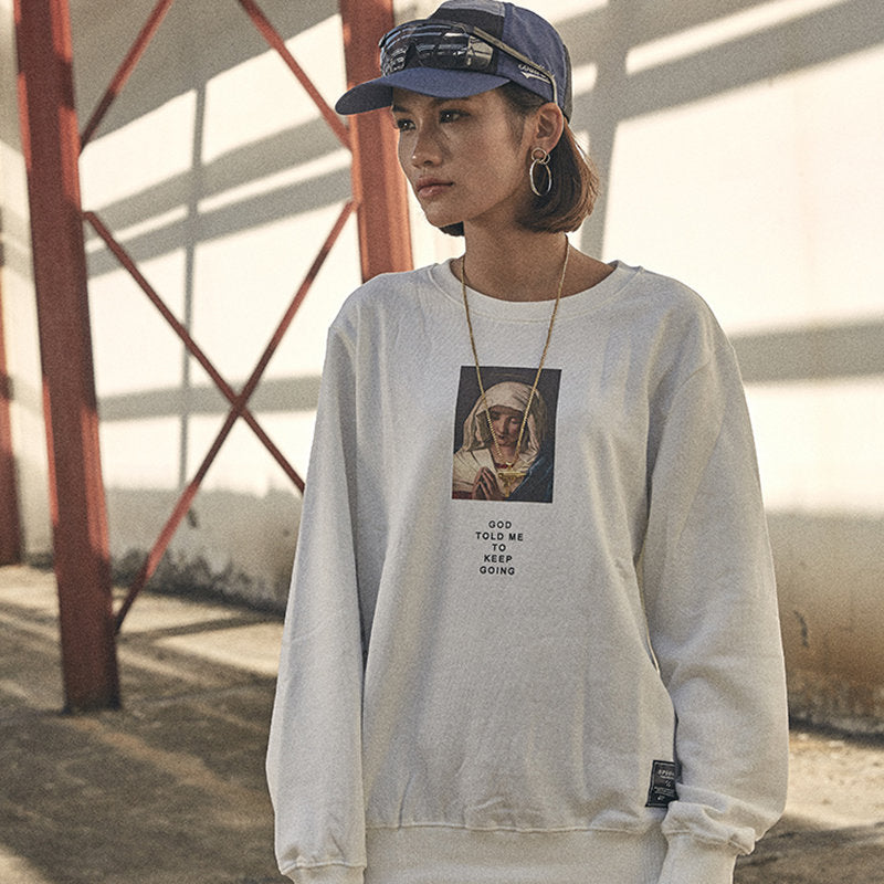 Men’s Streetwear Sweatshirt, Virgin Mary Print Hip Hop Pullover Hoodie