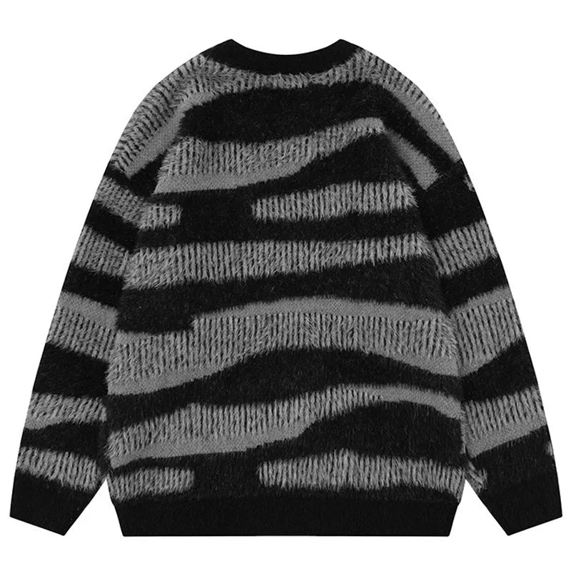 Zebra Striped Patchwork Knitted Sweater, Men’s Hip Hop Harajuku Pullover