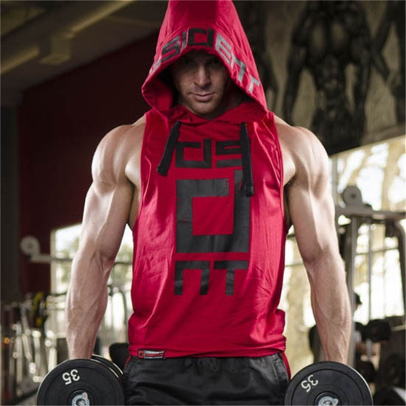 Men’s Cotton Tank Top Hoodie, Fitness Bodybuilding Workout Tee, Muscle Activewear