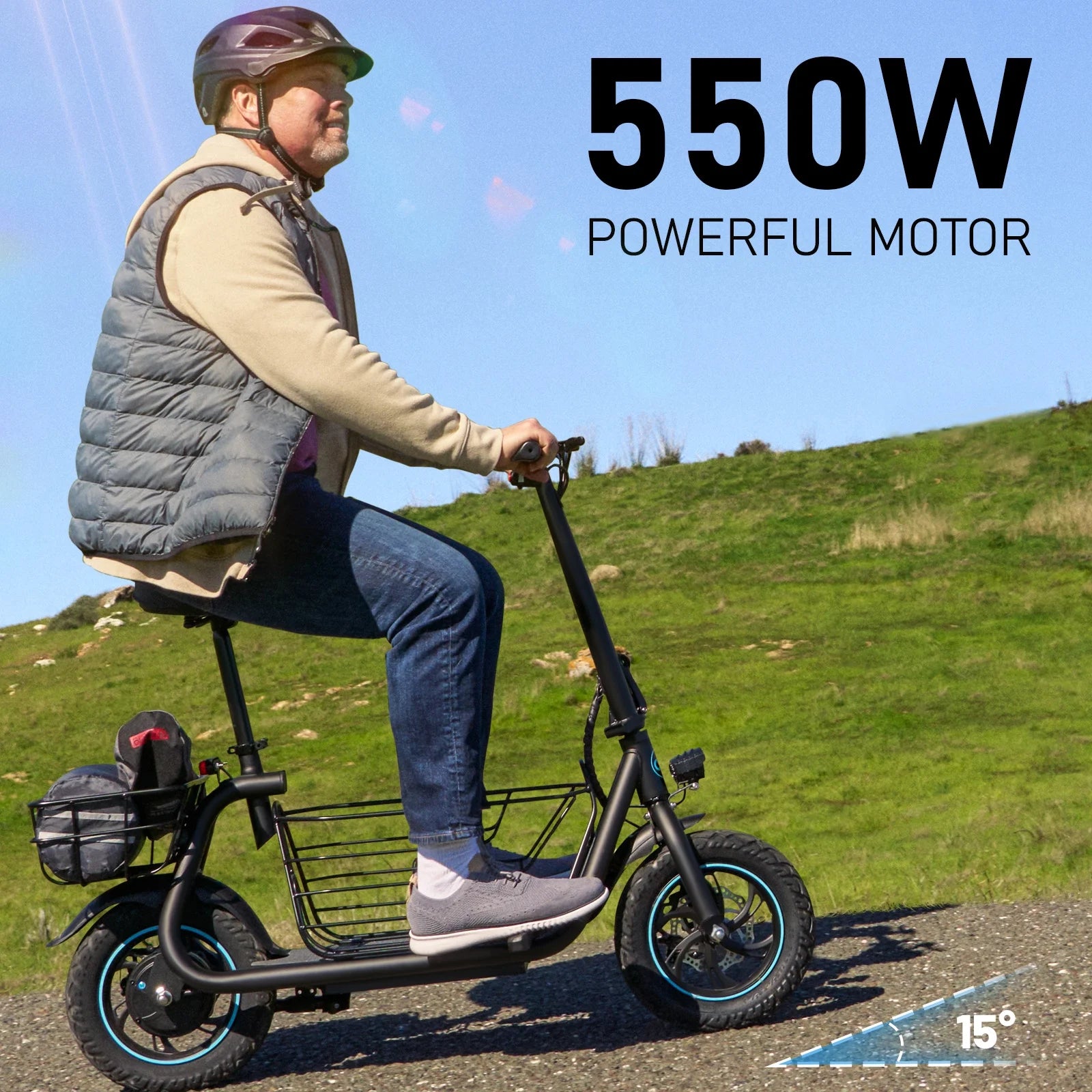 19MPH Foldable 550W Electric Scooter with Seat for Adult, 12 Inch Commuter E Scooter for Pets with Front & Back Basket & Dog Mat, Bigger Seat - up to 21 Miles