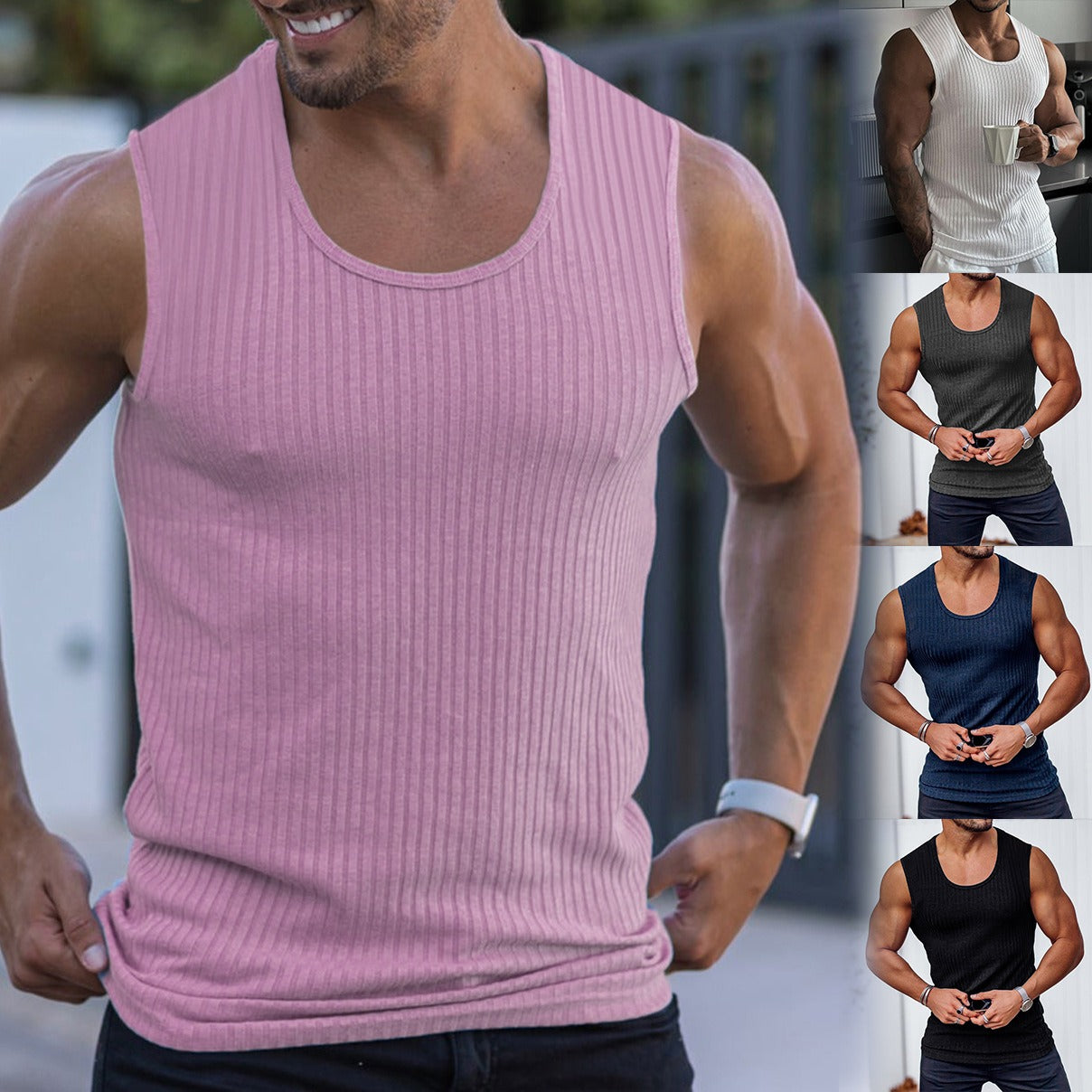 Men’s Summer Knitted Vertical Bar Tank Top, Sleeveless Wide‑Shoulder Fit