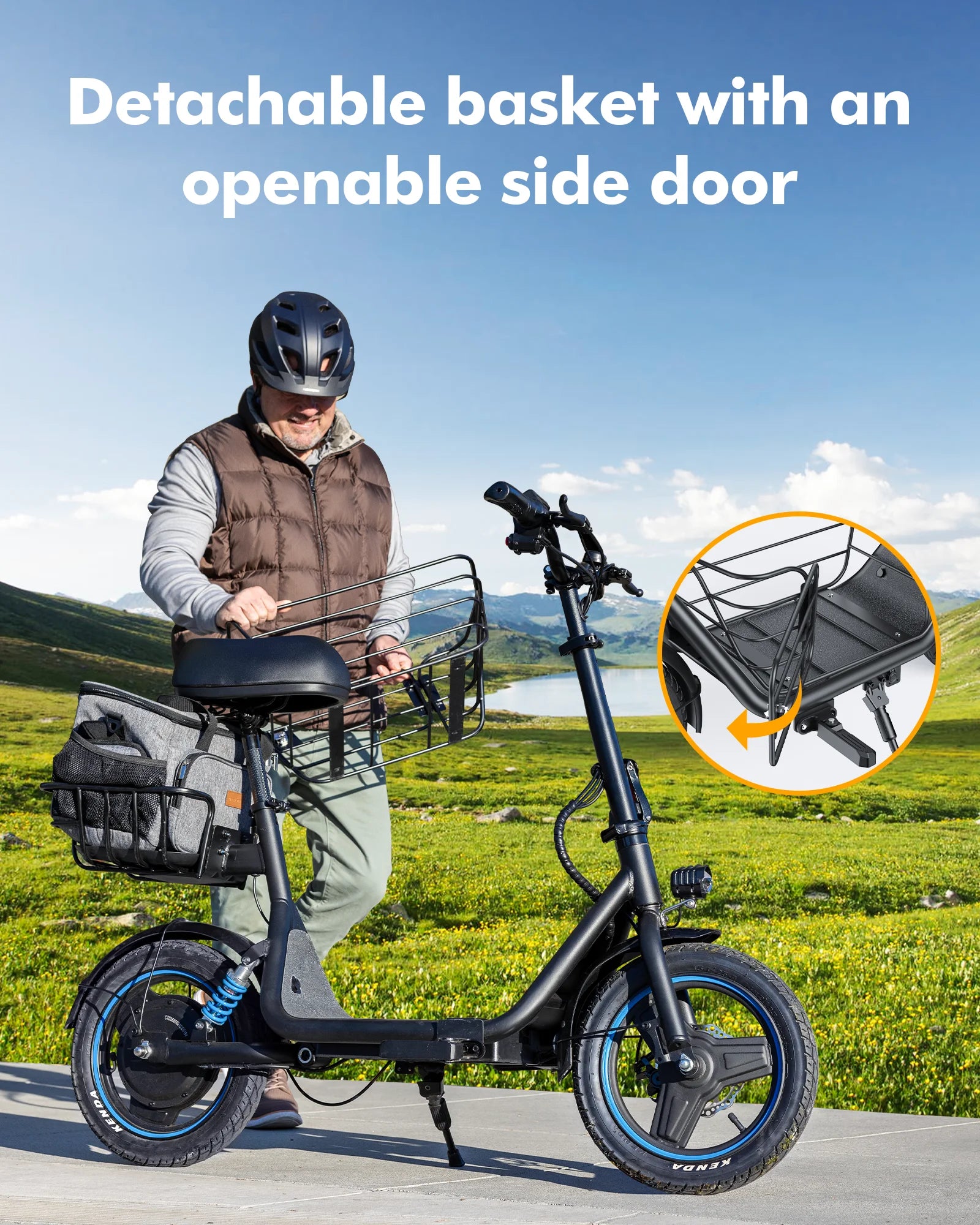 650W Electric Scooter with Seat for Heavy Adults up to 300LB - 14" Wheels with Basket & Dual Shock Absorbers & Free Dog Mat, 48V/13.5Ah,30 Miles Range, 18.6MPH