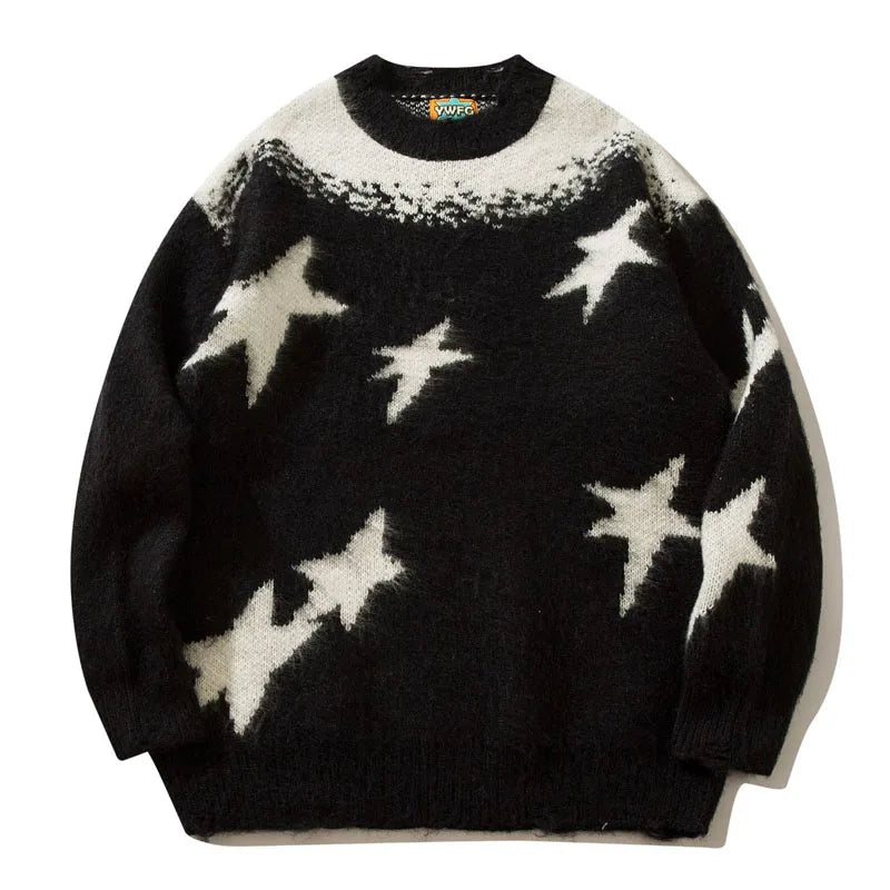 Star Graphic Patchwork Knitted Sweater, Oversized Hip Hop Harajuku Pullover