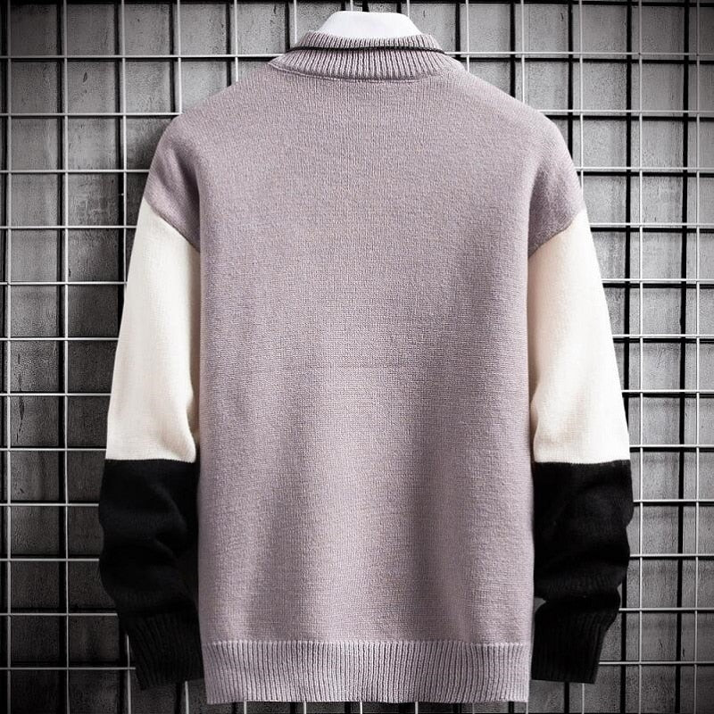 Men’s Winter Cashmere Turtleneck Sweater, Slim Fit Patchwork Knitted Pullover