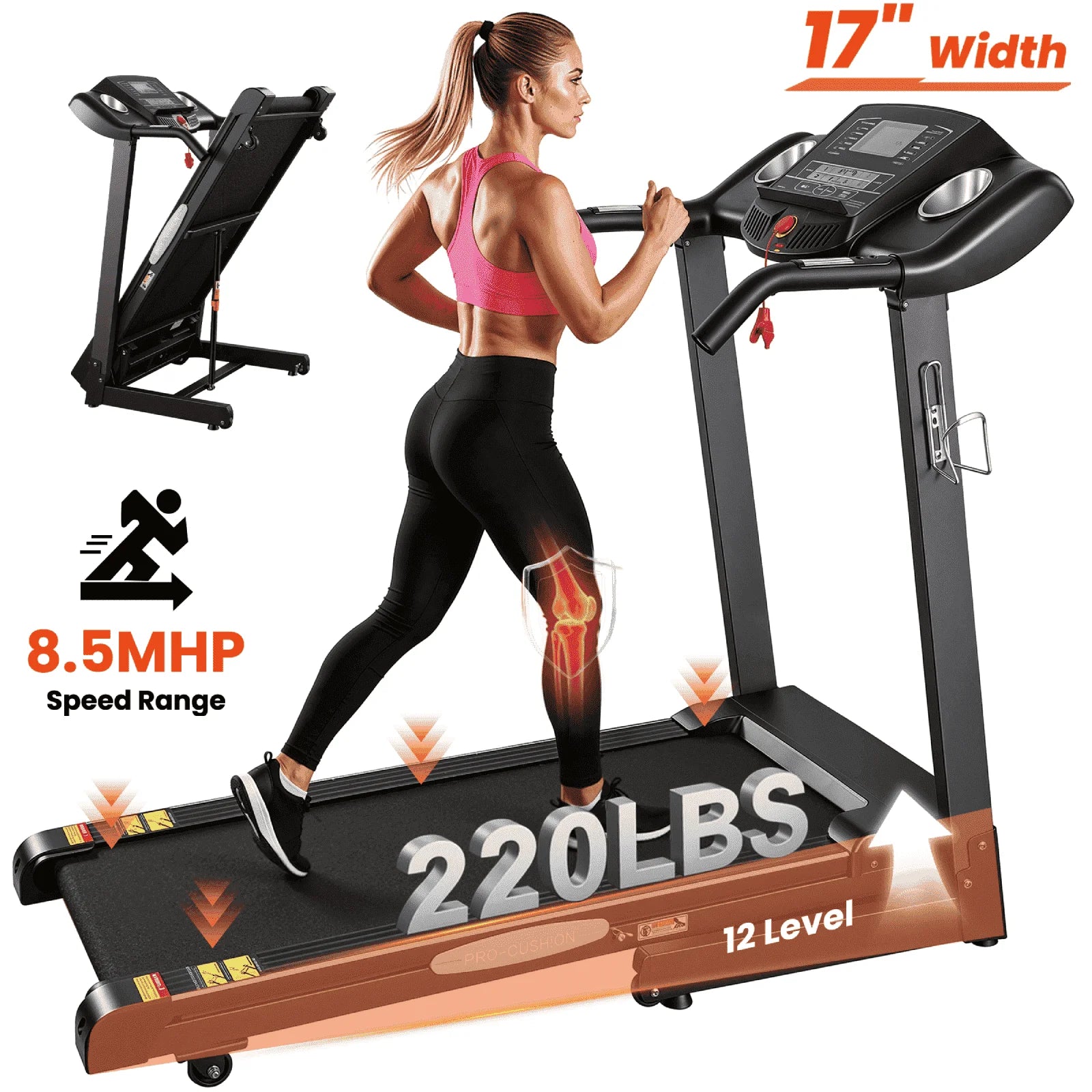 12Level Treadmill Auto Incline 2.5HP Folding Treadmill for Home with LCD Monitor 220Lbs 8.5 Mph Speed Range