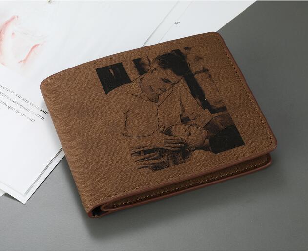 Men’s Custom Engraved PU Leather Wallet, Short Style Bifold, Photo and Inscription Design