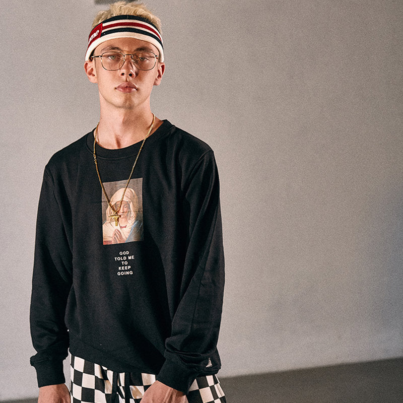 Men’s Streetwear Sweatshirt, Virgin Mary Print Hip Hop Pullover Hoodie