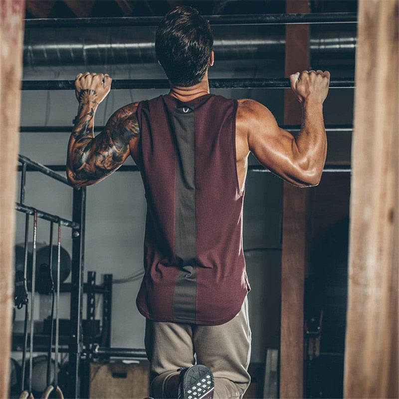 Men’s Summer Curved Hem Patchwork Gym Stringer Vest, Fitness Tank Top