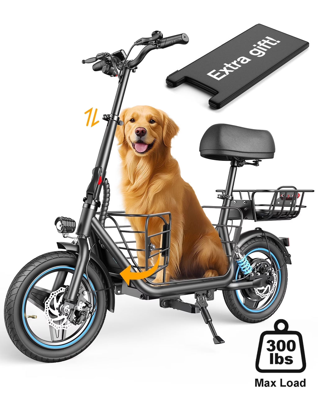 650W Electric Scooter with Seat for Heavy Adults up to 300LB - 14" Wheels with Basket & Dual Shock Absorbers & Free Dog Mat, 48V/13.5Ah,30 Miles Range, 18.6MPH