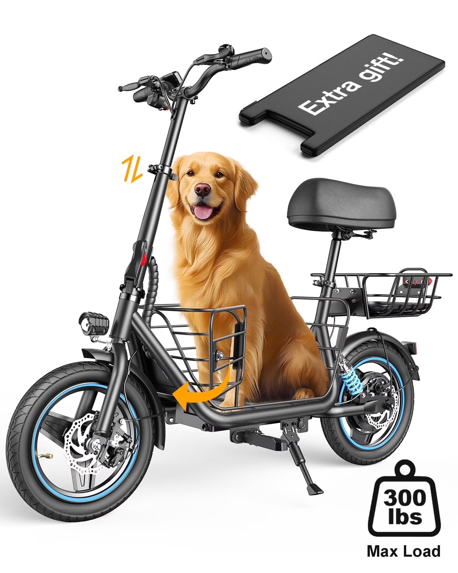650W Electric Scooter with Seat for Heavy Adults up to 300LB - 14" Wheels with Basket & Dual Shock Absorbers & Free Dog Mat, 48V/13.5Ah,30 Miles Range, 18.6MPH