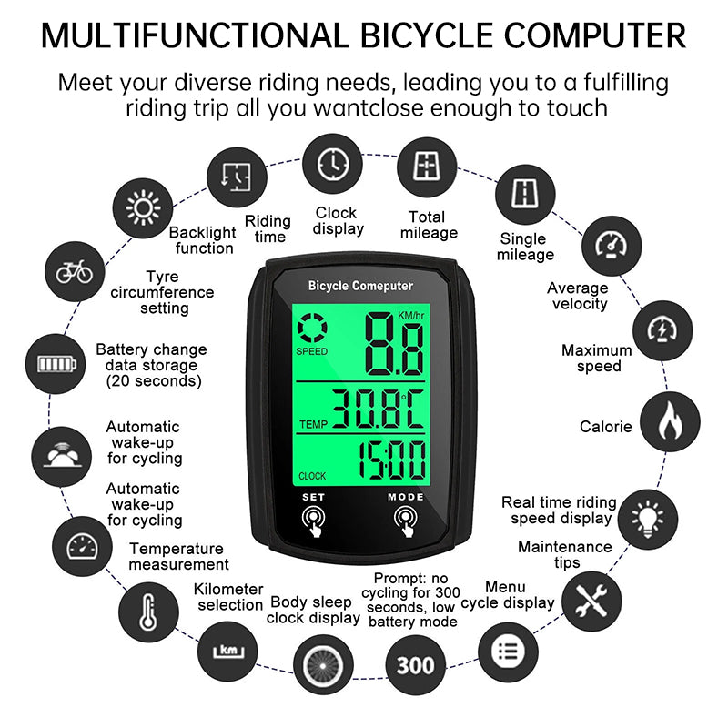 Wired LCD Bicycle Computer, Speedometer Odometer with Backlight Bike Accessory