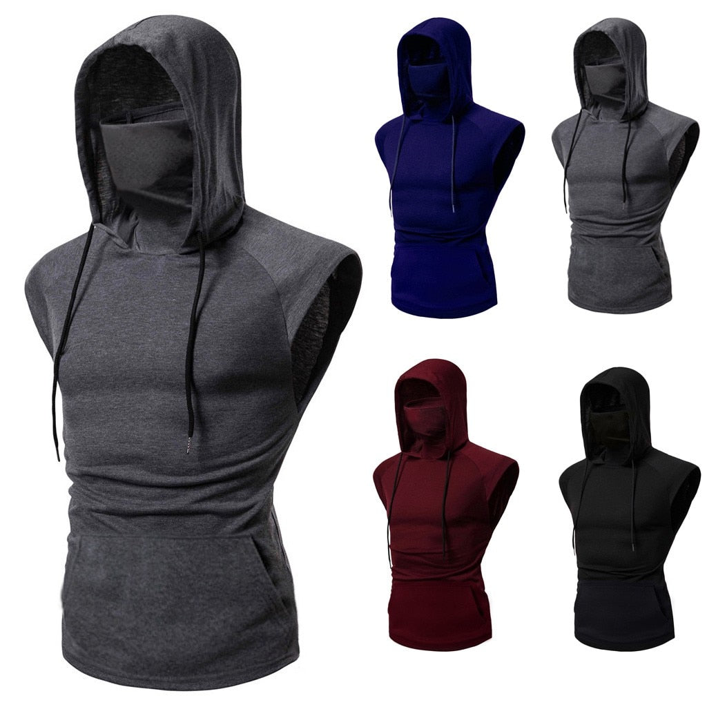 Men’s Hooded Sports Vest, Mask Button Splice, Open‑Forked Design