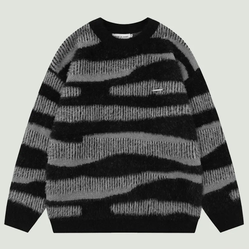 Zebra Striped Patchwork Knitted Sweater, Men’s Hip Hop Harajuku Pullover