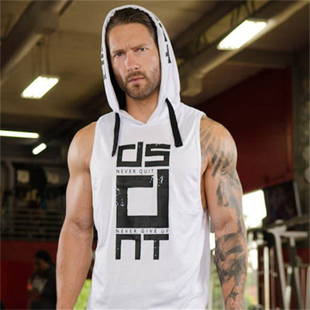 Men’s Cotton Tank Top Hoodie, Fitness Bodybuilding Workout Tee, Muscle Activewear