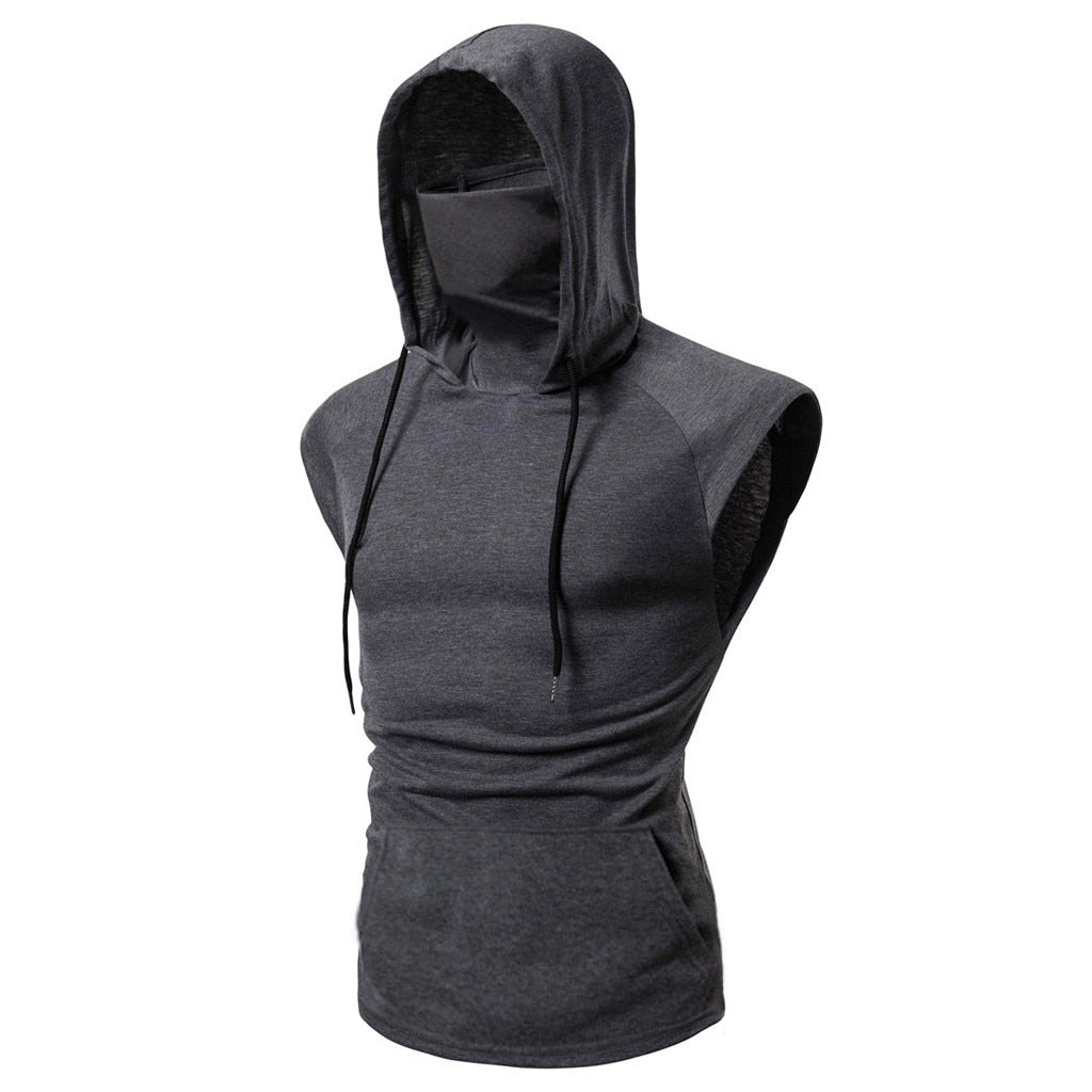 Men’s Hooded Sports Vest, Mask Button Splice, Open‑Forked Design