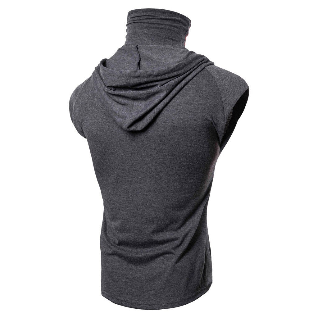 Men’s Hooded Sports Vest, Mask Button Splice, Open‑Forked Design