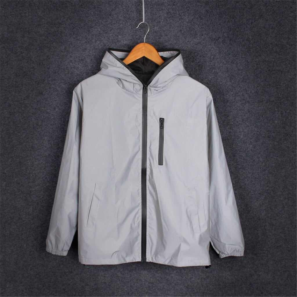 Men’s Hip Hop Reflective Hooded Jacket, Waterproof Lightweight Sporting Outwear