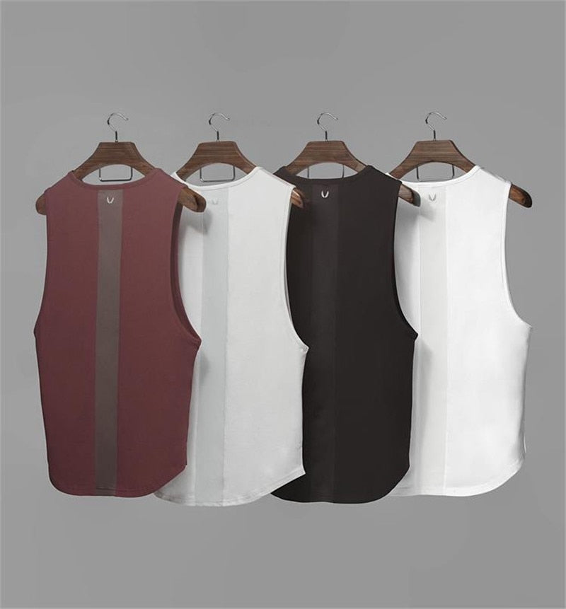 Men’s Summer Curved Hem Patchwork Gym Stringer Vest, Fitness Tank Top
