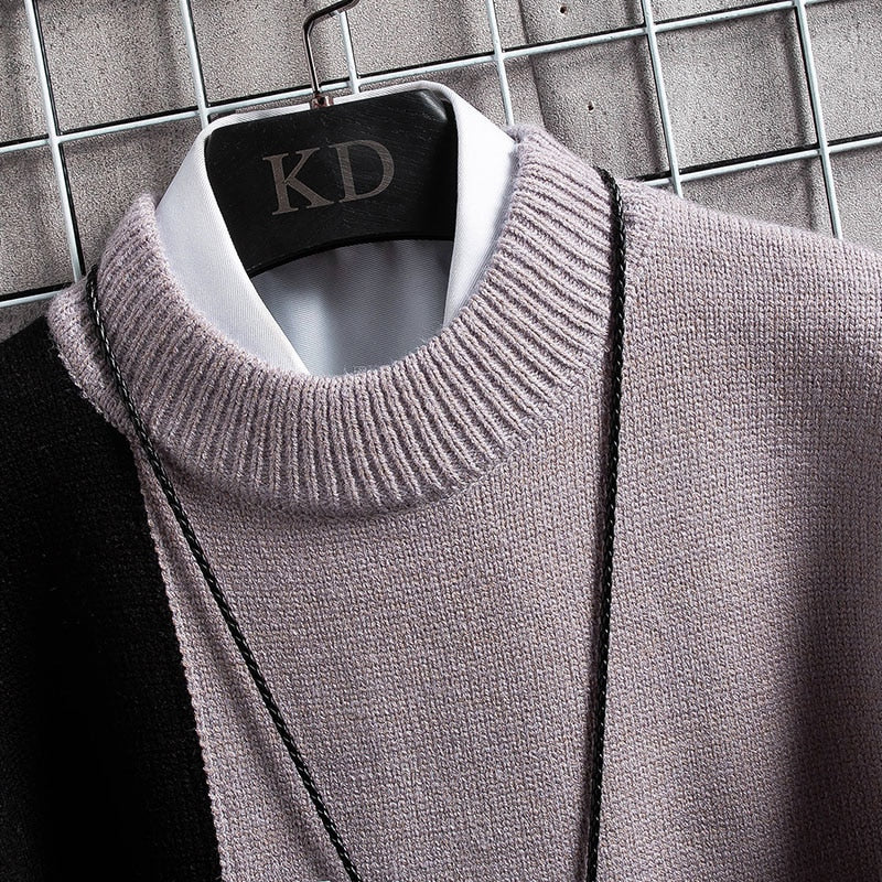 Men’s Winter Cashmere Turtleneck Sweater, Slim Fit Patchwork Knitted Pullover