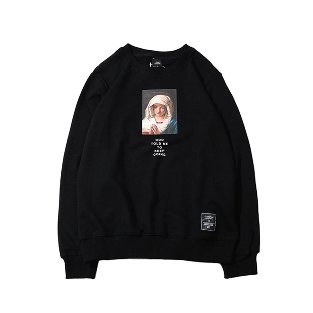 Men’s Streetwear Sweatshirt, Virgin Mary Print Hip Hop Pullover Hoodie