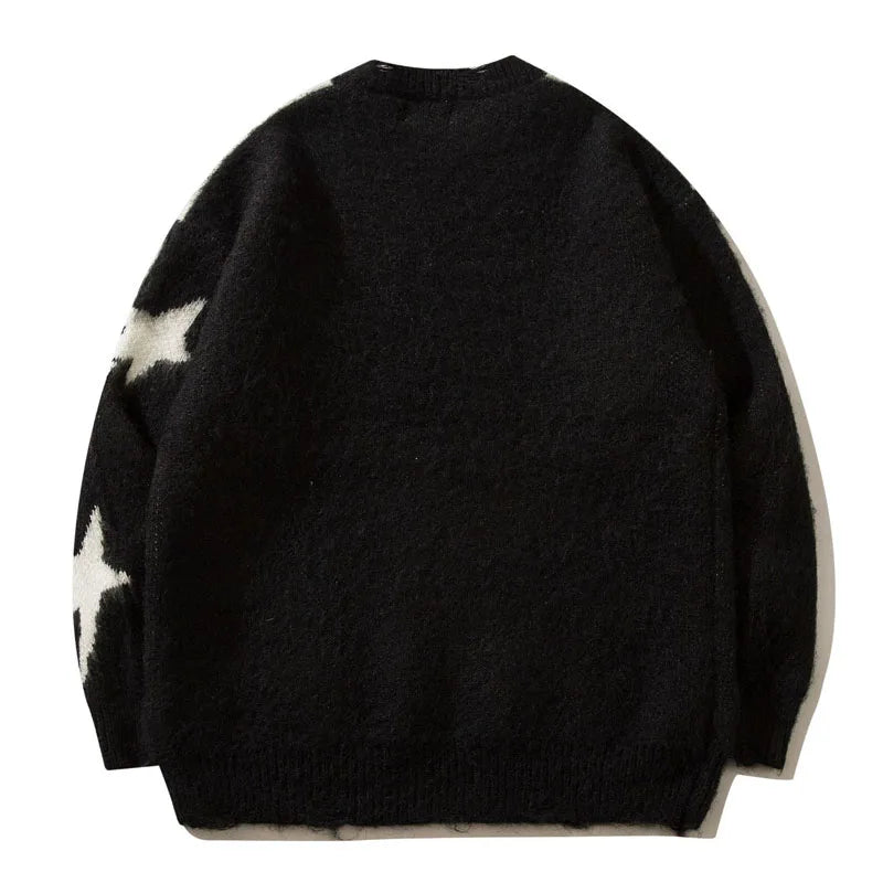 Star Graphic Patchwork Knitted Sweater, Oversized Hip Hop Harajuku Pullover