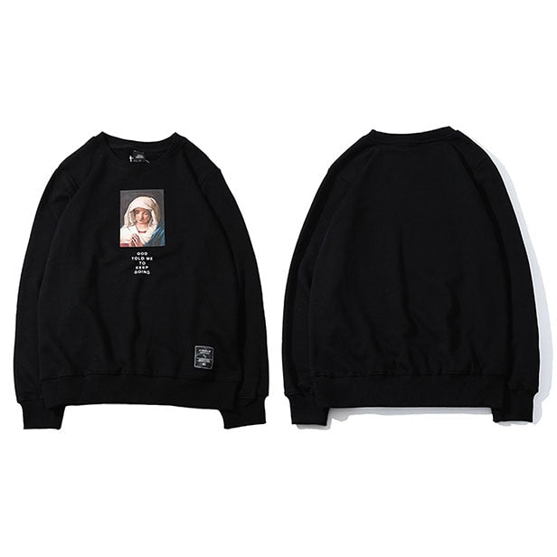 Men’s Streetwear Sweatshirt, Virgin Mary Print Hip Hop Pullover Hoodie