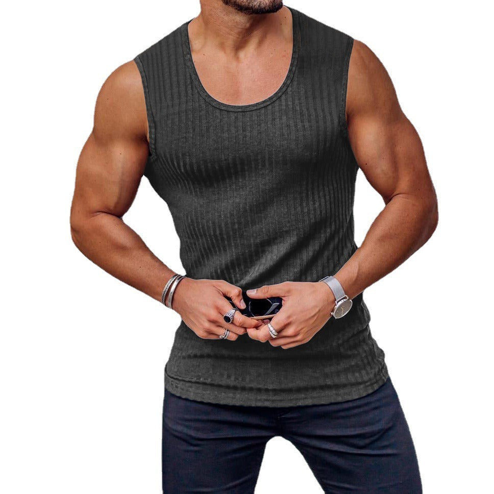 Men’s Summer Knitted Vertical Bar Tank Top, Sleeveless Wide‑Shoulder Fit