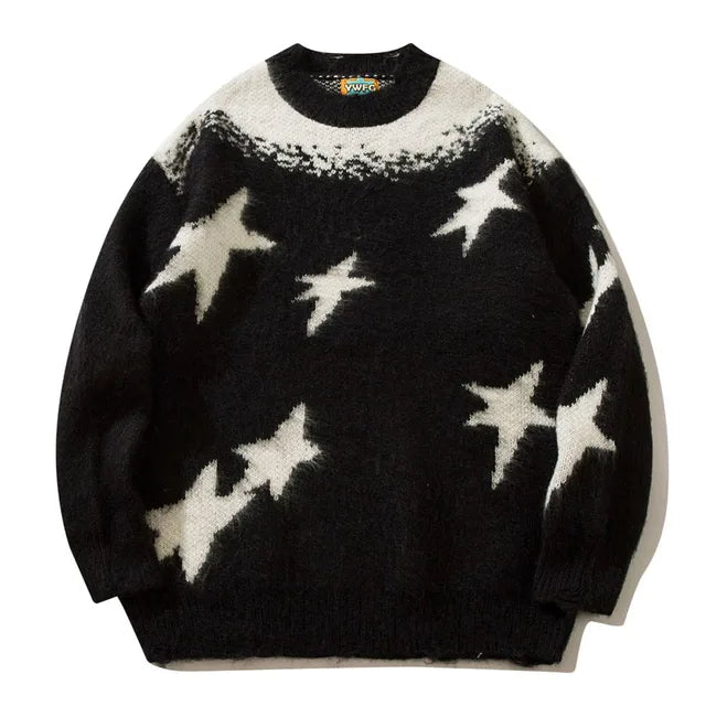 Star Graphic Patchwork Knitted Sweater, Oversized Hip Hop Harajuku Pullover