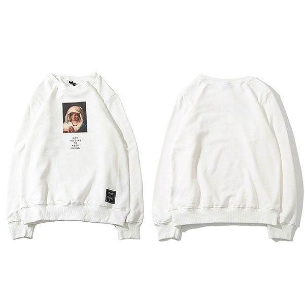Men’s Streetwear Sweatshirt, Virgin Mary Print Hip Hop Pullover Hoodie