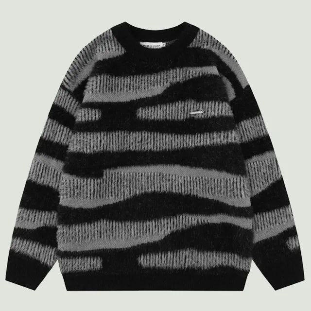 Zebra Striped Patchwork Knitted Sweater, Men’s Hip Hop Harajuku Pullover