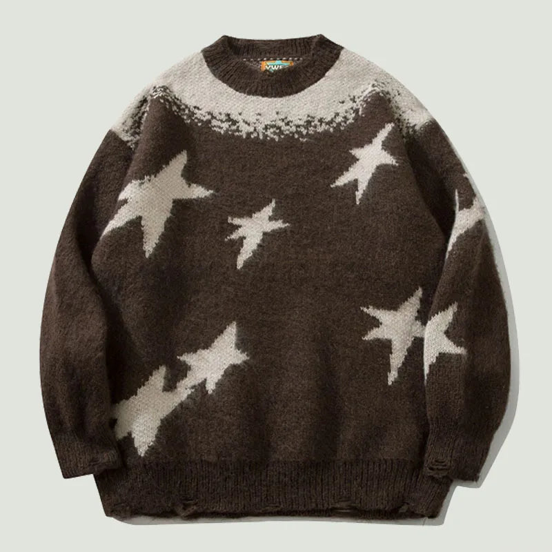Star Graphic Patchwork Knitted Sweater, Oversized Hip Hop Harajuku Pullover