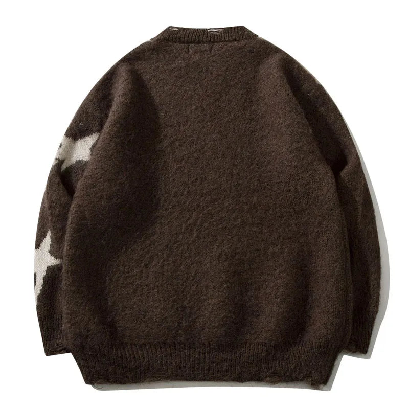 Star Graphic Patchwork Knitted Sweater, Oversized Hip Hop Harajuku Pullover
