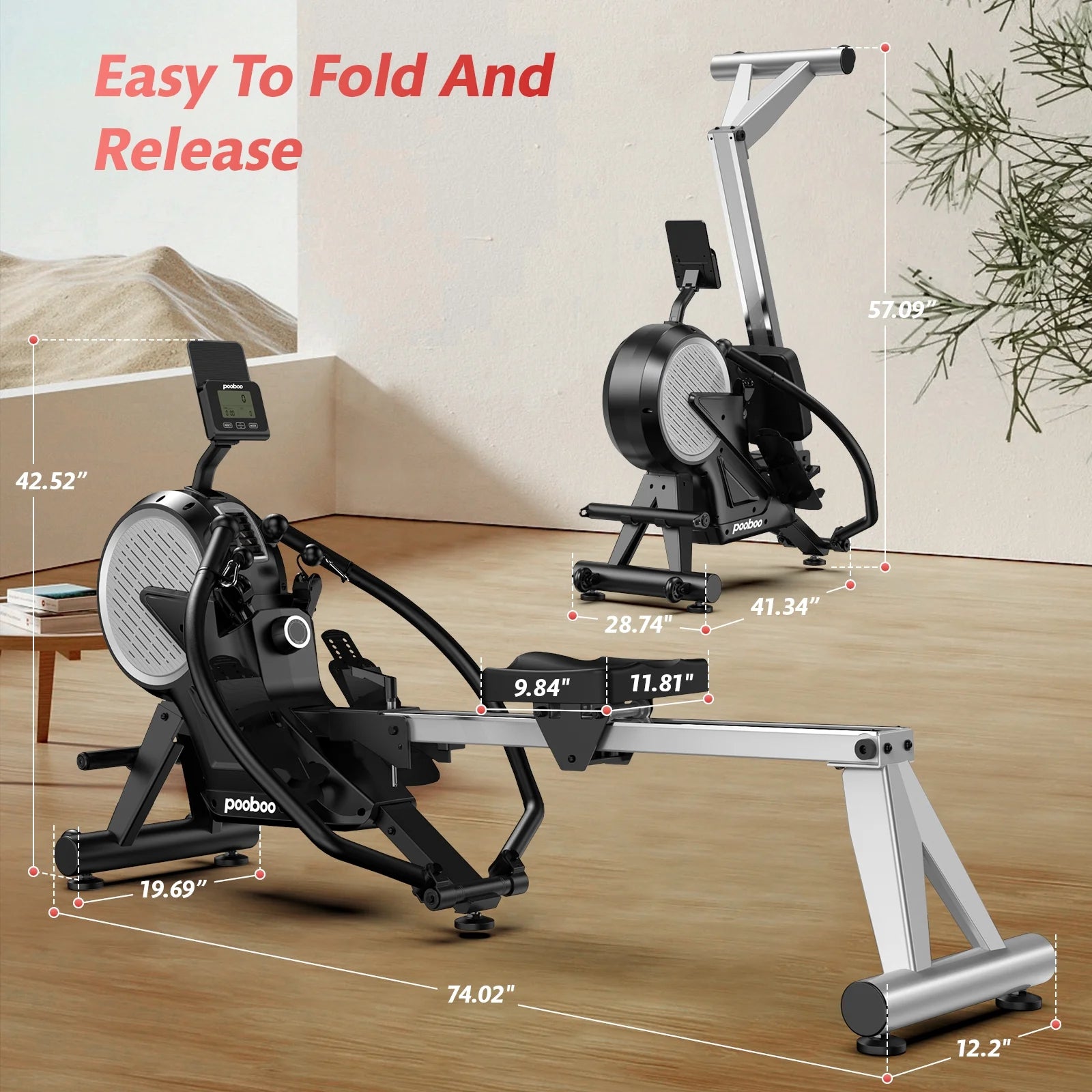 Dual Wind&Magnetic Rowing Machine 450Lbs Weight Capacity Foldable Exercise Rower Full Motion Air Rower Machine with Built-In Bluetooth App for Home Cardio Workout