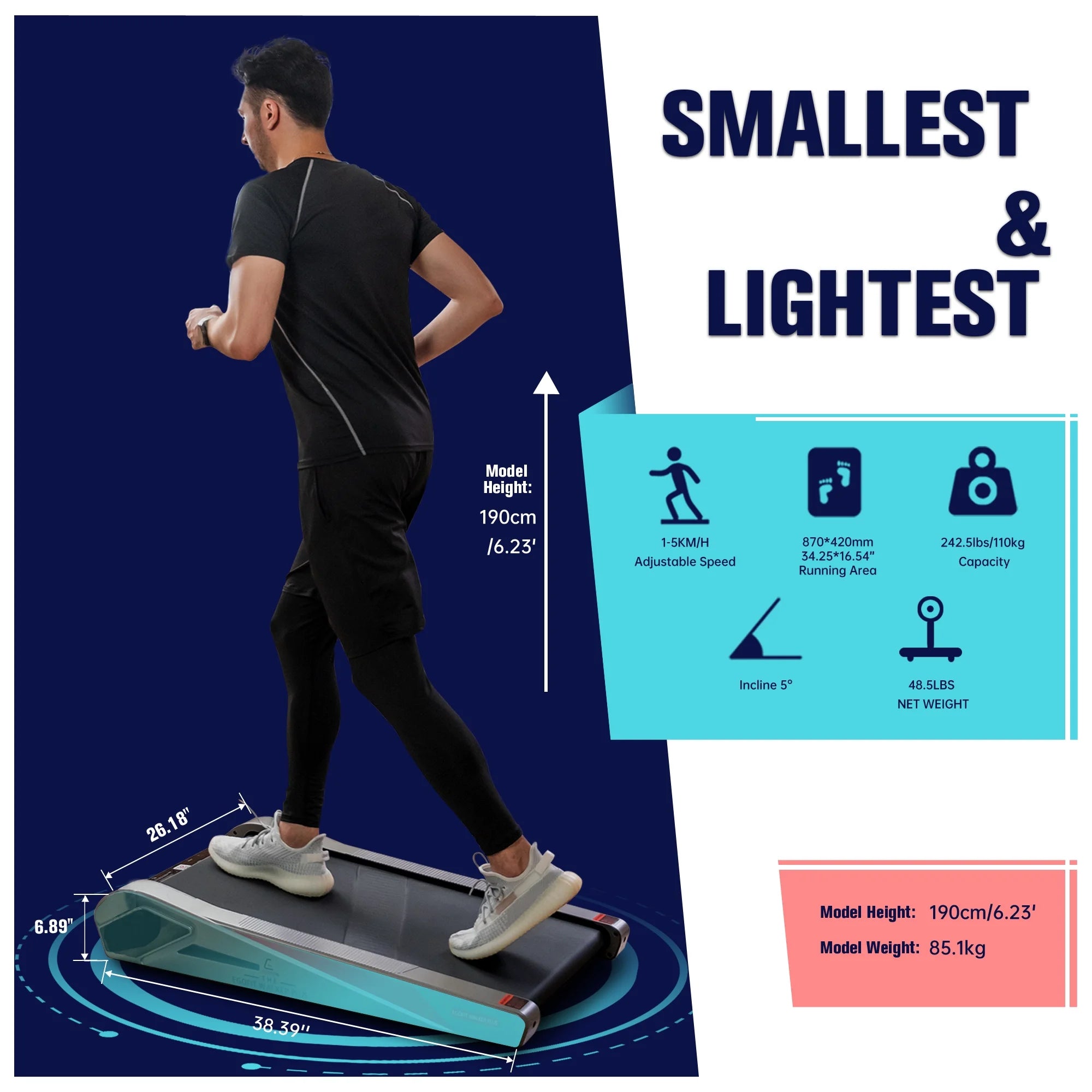 Walker Pro Smallest under Desk Electric Walking Treadmill for Home 2.0HP 5° Incline